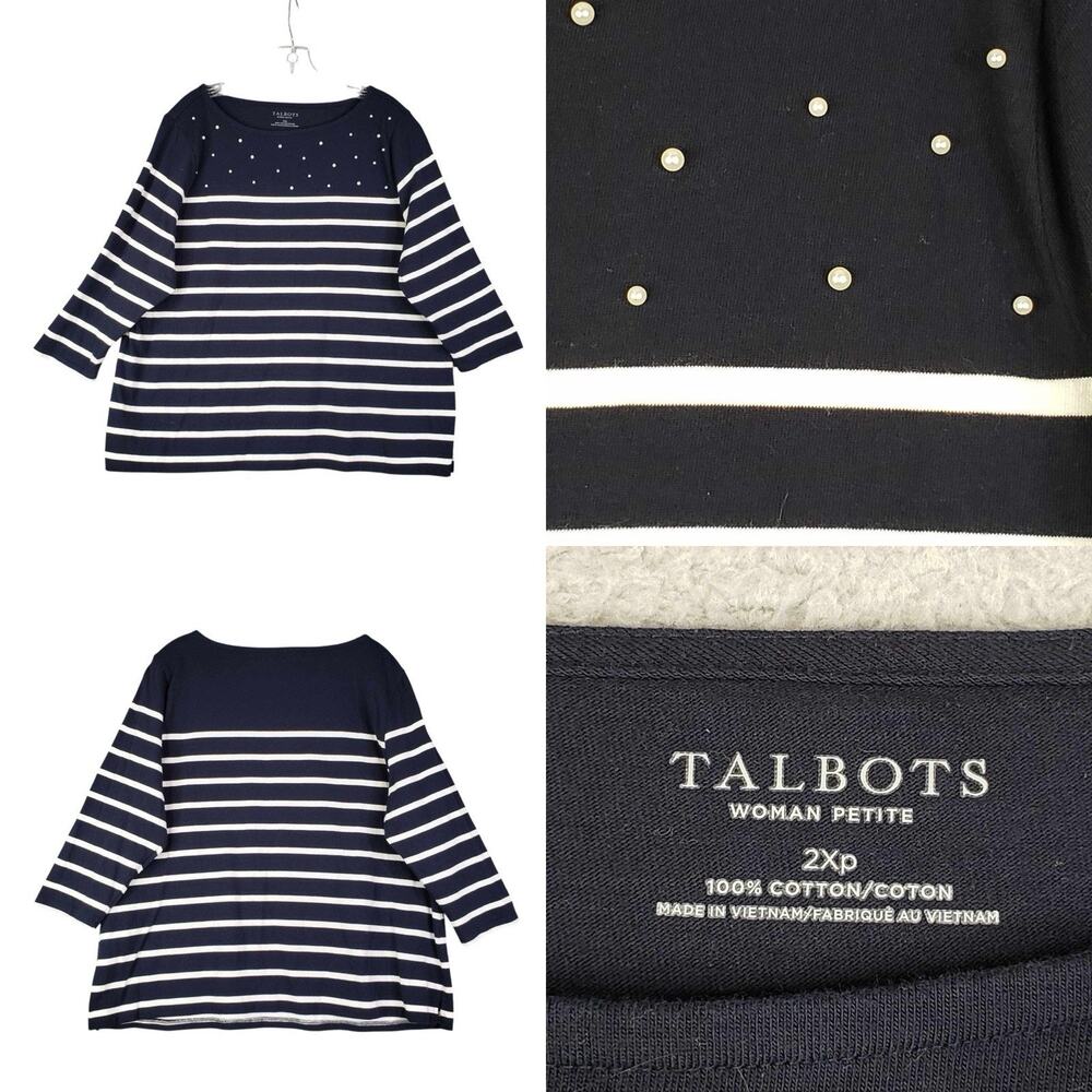 Talbots T-Shirt Tee Navy Blue Cotton Size 2Xp Polka Dot Striped Pearls Nautical